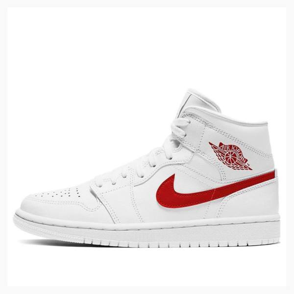 Air Jordan 1 Nike Mid \'White University Red\' Zapatillas Baloncesto Mujer Blancas Rojas | JD-085GL