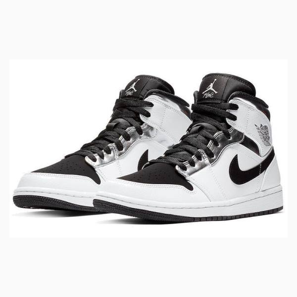 Air Jordan 1 Nike Mid Zapatillas Baloncesto Hombre Blancas Negras Plateadas | JD-104FL
